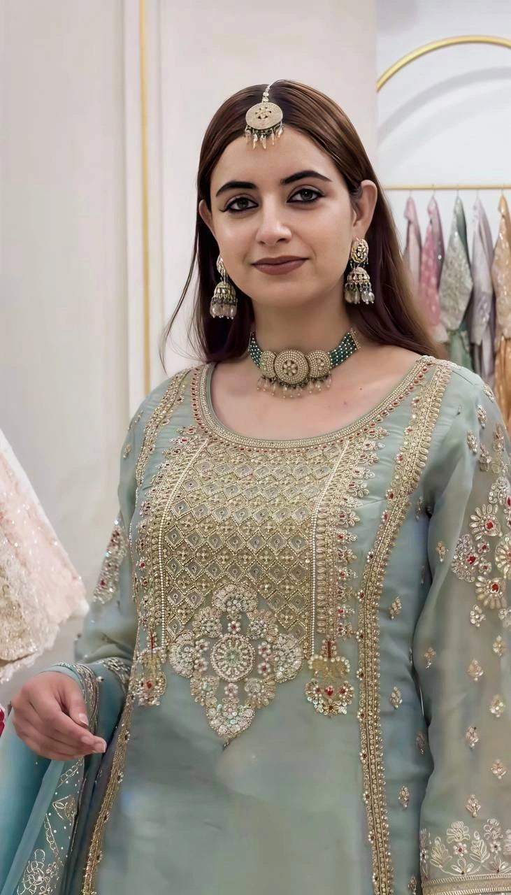 Sage Green Sequins Embroidered Sharara Suit close-up chest diamond lattice embroidery – Kalyanja KU305